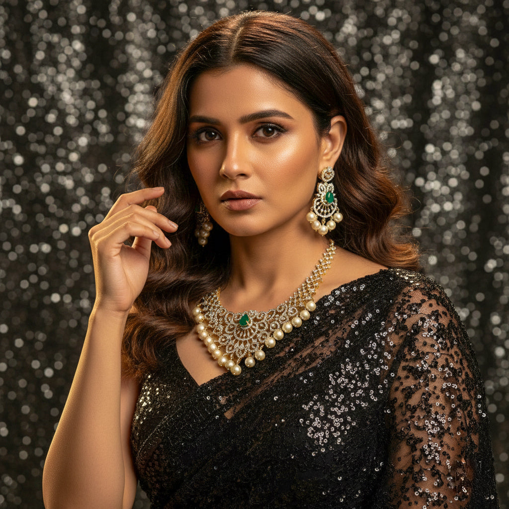 925 Sterling Silver CZ Necklace Set | Emerald Green Stone CZ & Pearl Drop | Two-Tone Finish