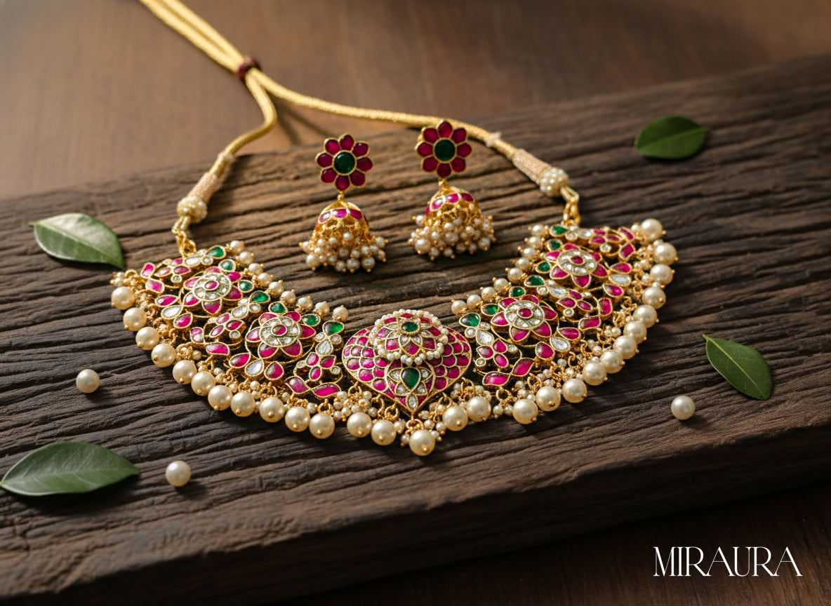 Regal 925 Silver Kundan Choker Set | Gold Plated Jadau Necklace with Ruby & Emerald Color Stone & Pearls