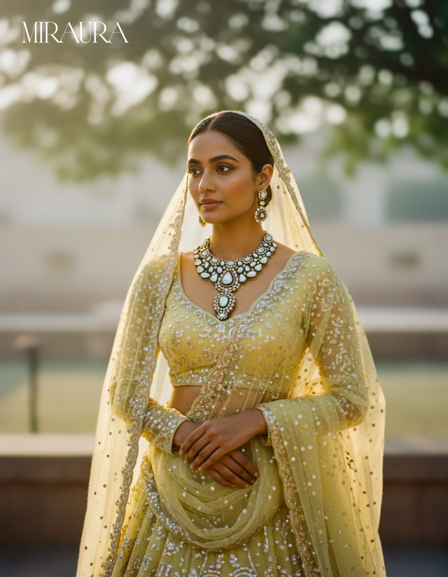 925 Sterling Silver CVD Uncut Polki Bridal Necklace Set with Green Enamel