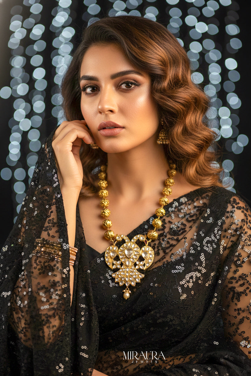 Handcrafted Silver Kundan Peacock Pendant with Antique Temple Beads