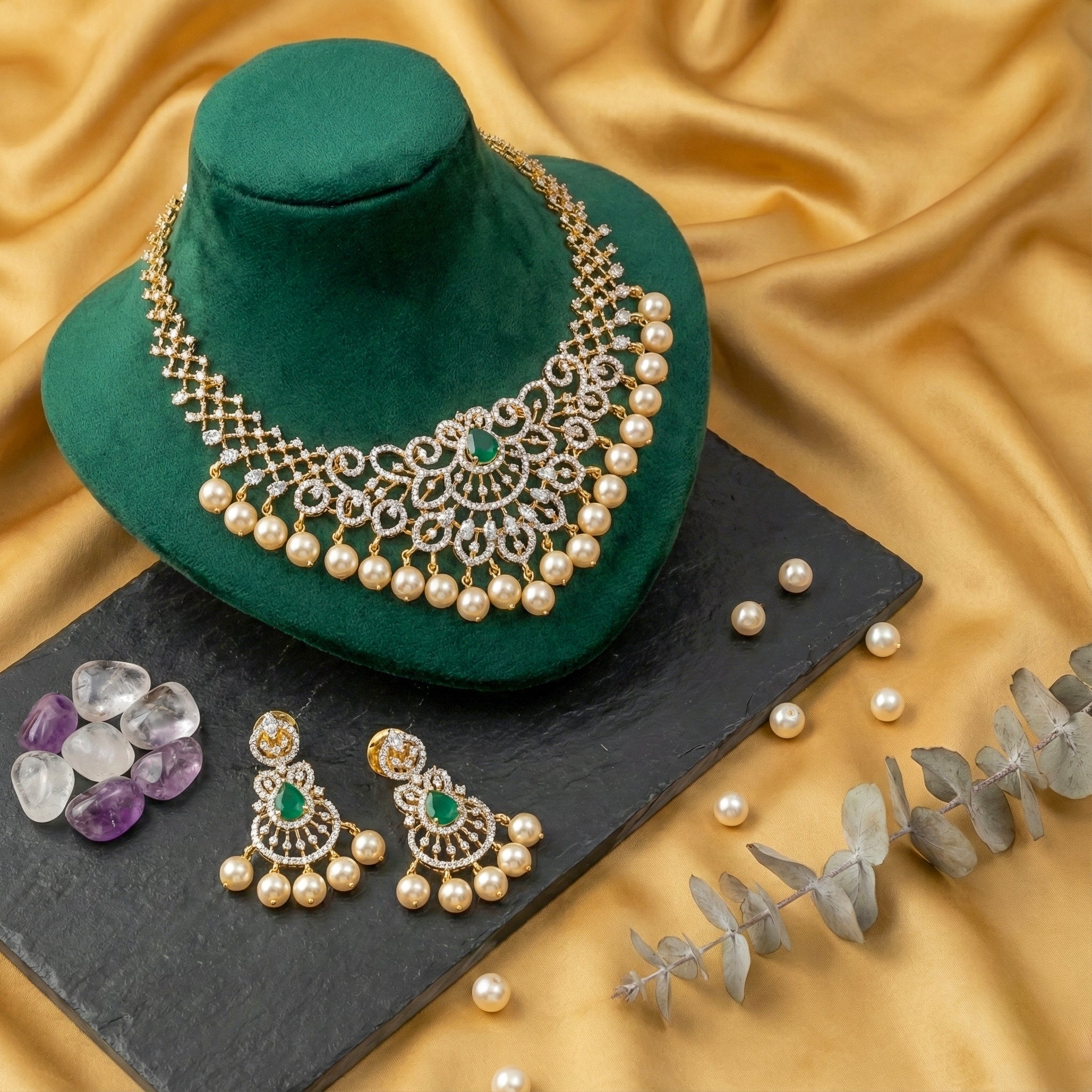 925 Sterling Silver CZ Necklace Set | Emerald Green Stone CZ & Pearl Drop | Two-Tone Finish