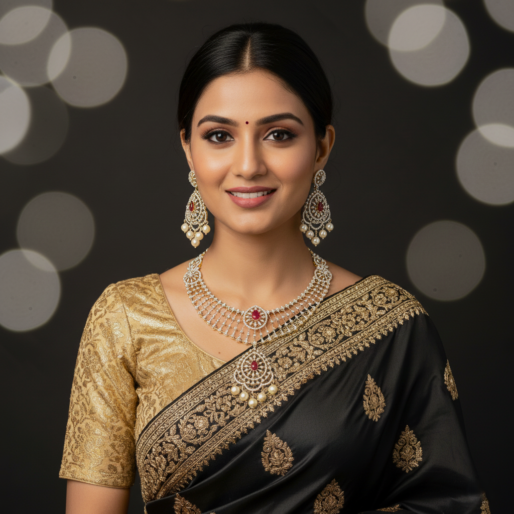 Woman wearing a traditional black and gold saree with jewelry against a dark background with bokeh lights.