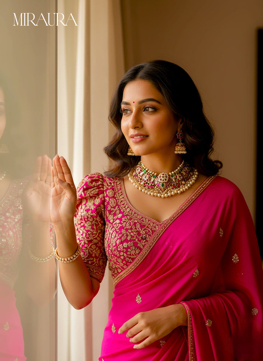 Woman in a pink saree with intricate designs, wearing jewelry, standing indoors.