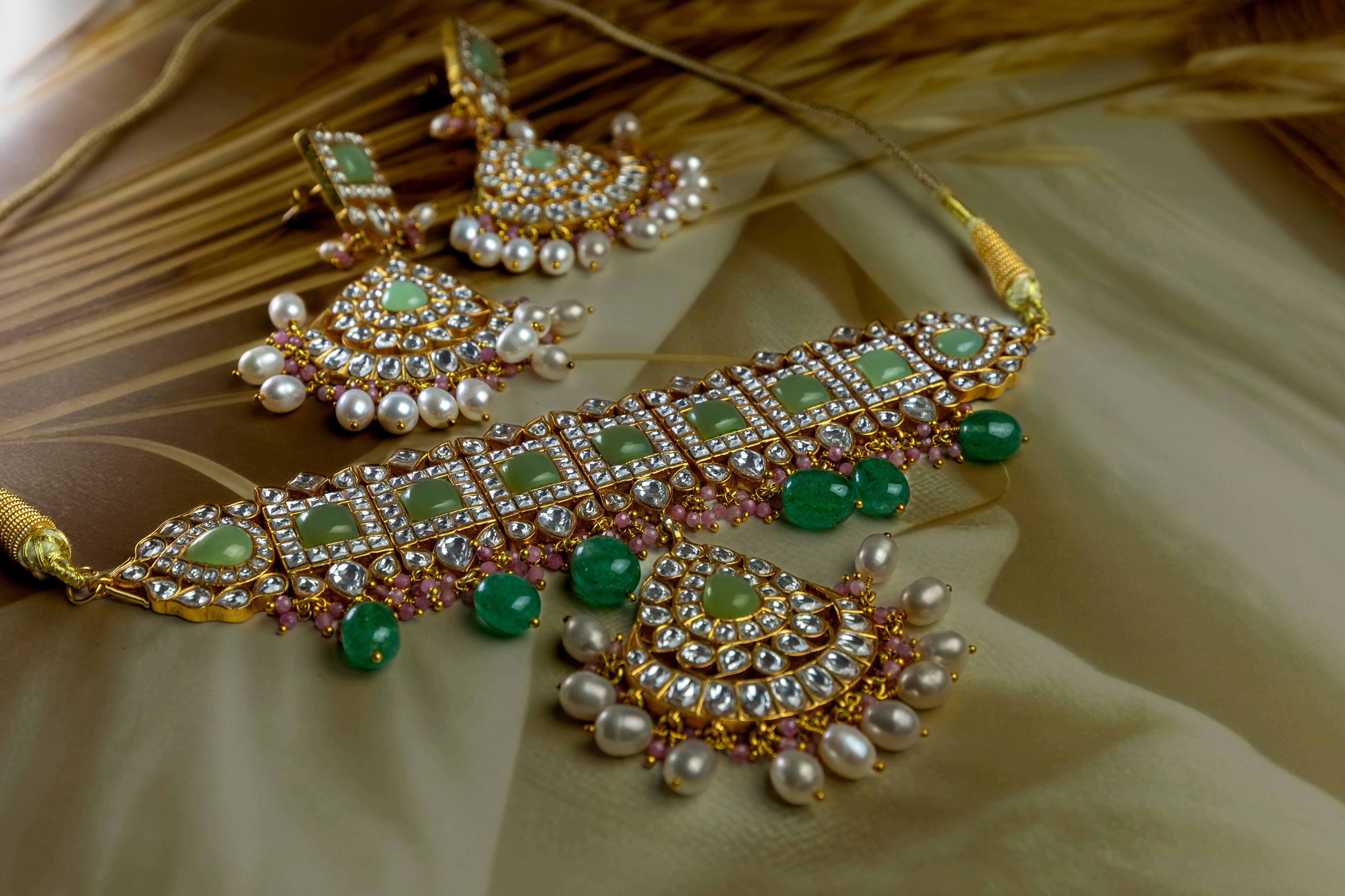 Silver Kundan Choker Necklace Set - Mint, Emerald & Pearl Accents