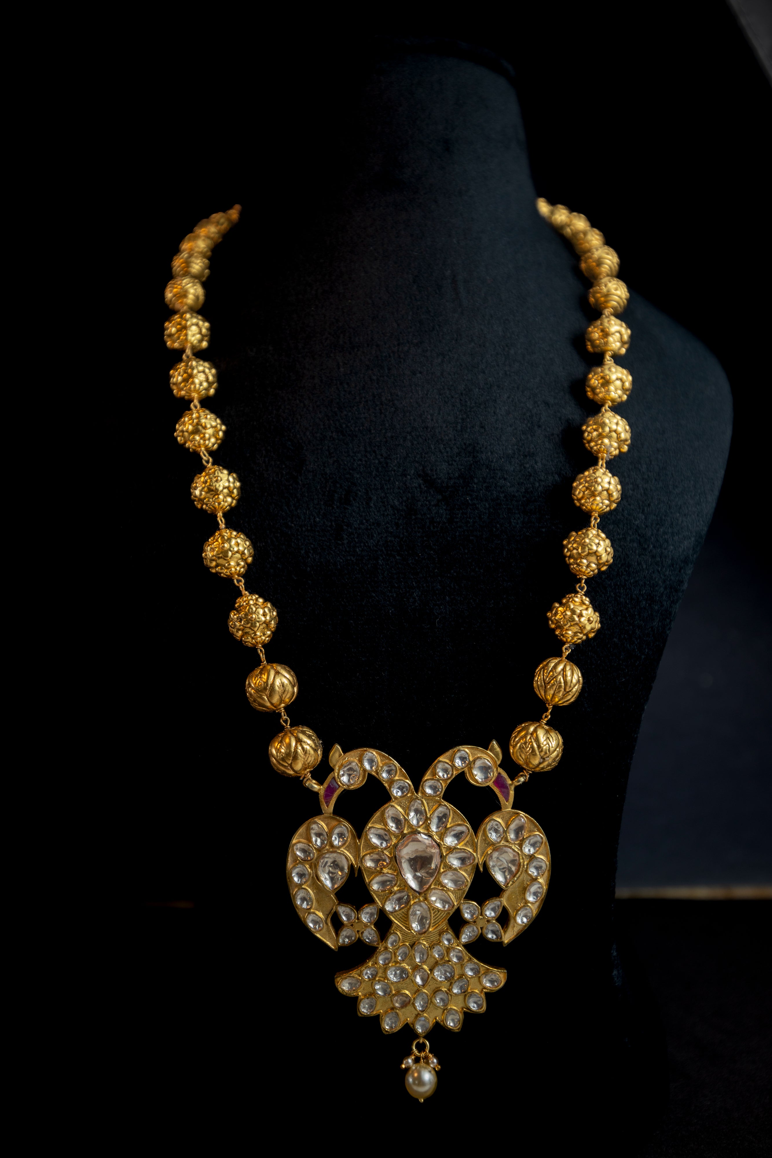 Handcrafted Silver Kundan Peacock Pendant with Antique Temple Beads