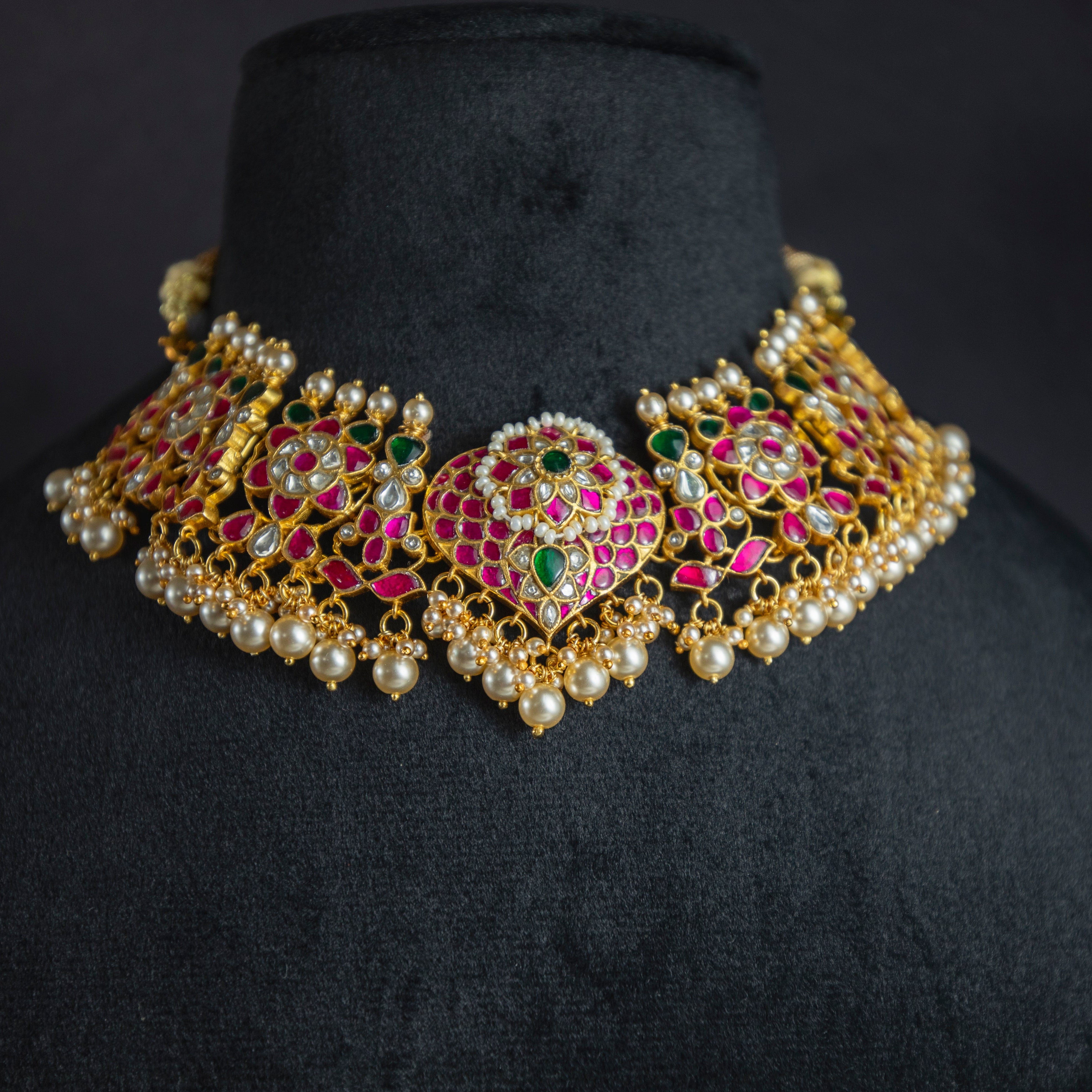 Regal 925 Silver Kundan Choker Set | Gold Plated Jadau Necklace with Ruby & Emerald Color Stone & Pearls