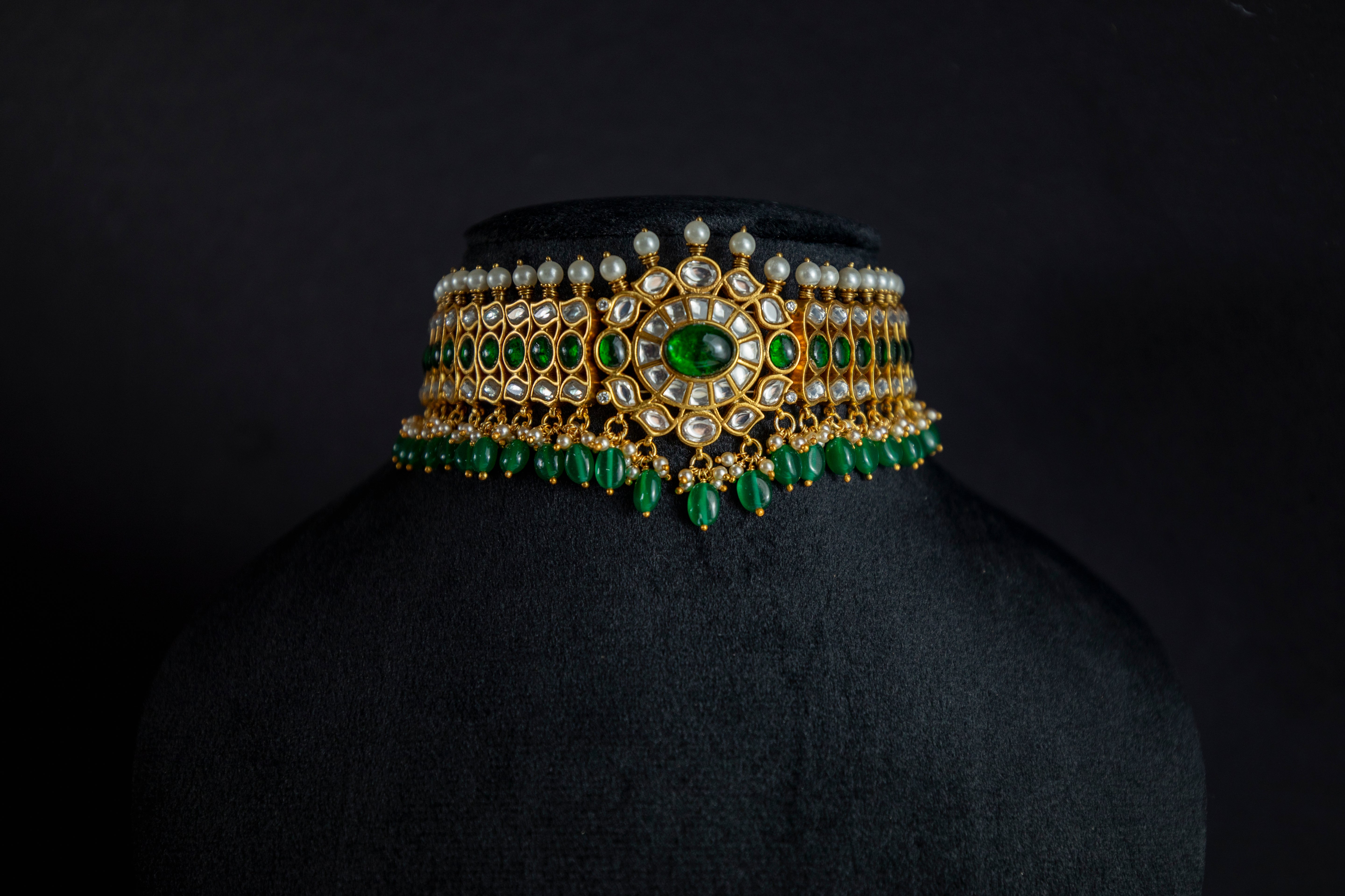 The Rajwada Heritage Choker – Gold Plated Silver Kundan with Green Stones.