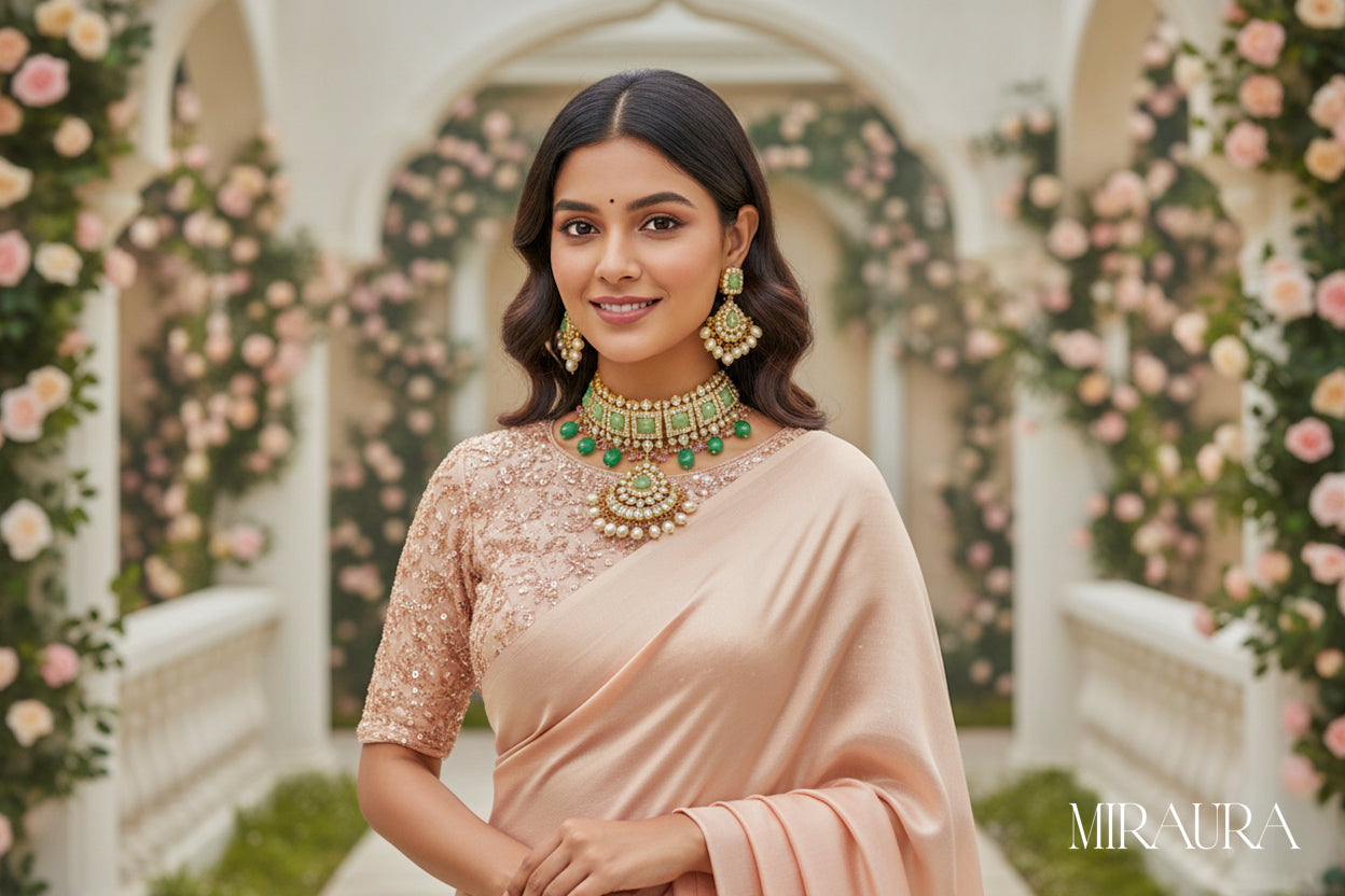 Silver Kundan Choker Necklace Set - Mint, Emerald & Pearl Accents